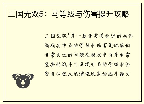 三国无双5：马等级与伤害提升攻略