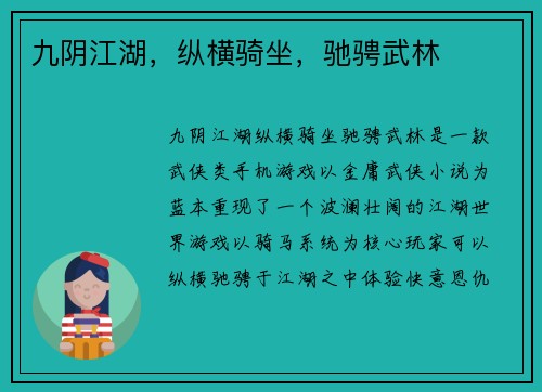 九阴江湖，纵横骑坐，驰骋武林