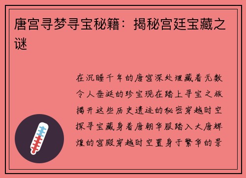 唐宫寻梦寻宝秘籍：揭秘宫廷宝藏之谜
